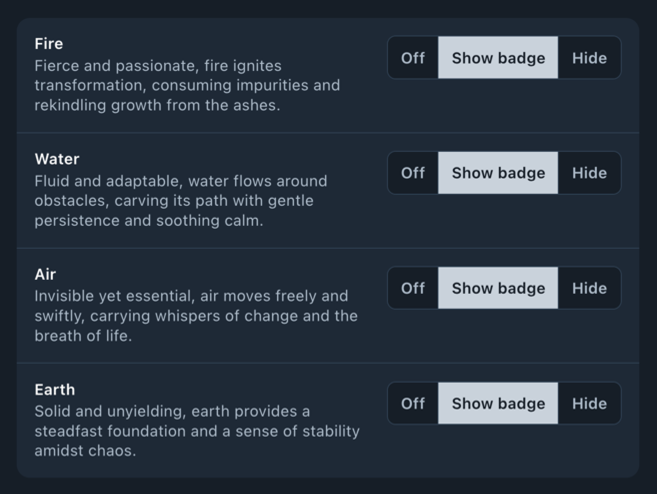 A labeler profile menu. There are four labels to choose from: Fire, Water, Air, and Earth. Each label is set to "Show badge"