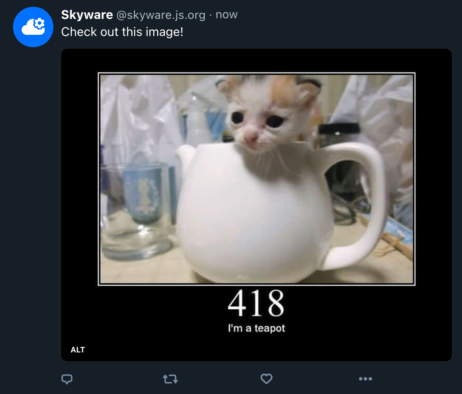 A post by @skyware.js.org reading "Check out this image!". The post contains an image of a cat in a teapot, with the caption "418 I'm a teapot".